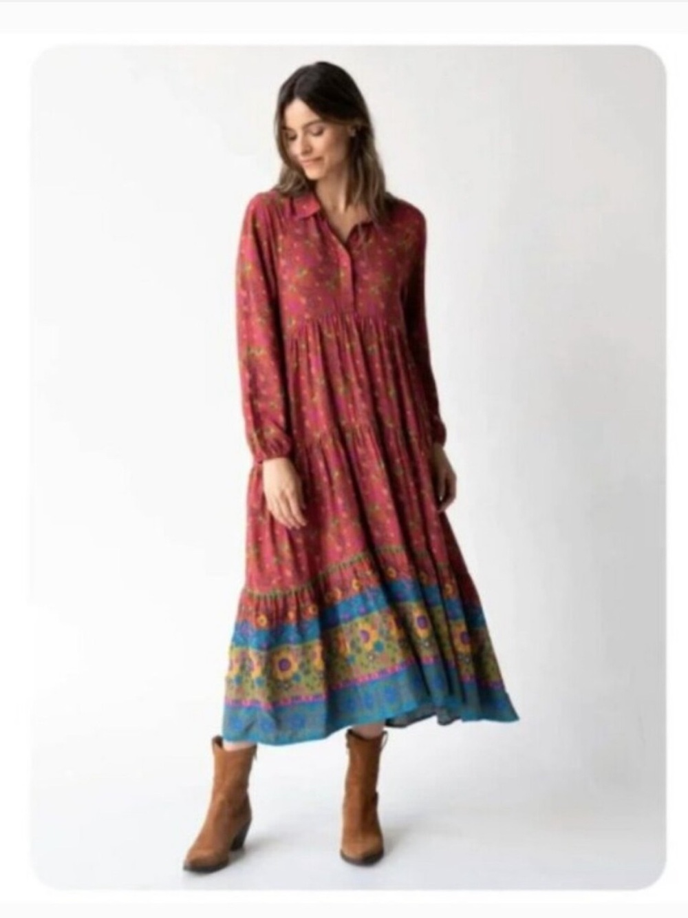 NATURAL LIFE Rebecca Long Sleeve Midi Dress Sunflowers Boho Red Clay